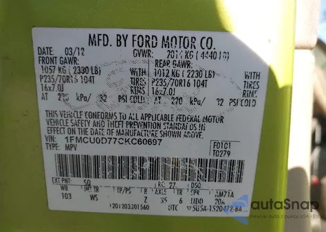 2012 Ford Escape Xlt z USA, uszkodzony, nr VIN 1FMCU0D77CKC60697